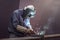 Worker with protective mask welding