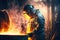 Worker in protective suit stands and observes process of melting metal in foundry industry