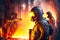 Worker in protective suit stands and observes process of melting metal in foundry industry