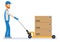 A worker is pulling the pallet truck on white background. Cartoon character person.