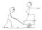 Worker Pushing Boss on Cart, Vector Cartoon Stick Figure Illustration