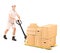 Worker pushing a fork pallet truck