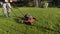 Worker pushing lawnmower in garden