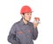 Worker in red hard hat kisses small house model in hand