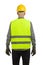 Worker in reflective waistcoat and hardhat. Rear view, waist up. Isolated