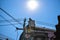 Worker repairing work on electric post power pole