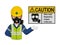 A worker with respiratory mask is presenting respiratory mask warning sign