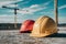 Worker safety helmets displayed on construction site. Blue sky signifies safety and preparedness.