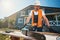 Worker in safety vest grabbing chainsaw from table