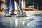 Worker spreading concrete on the ground with trowel and shovel, Construction worker use screed concrete epoxy for level mixture of