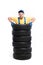 Worker is standing inside a pile of tires