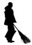 Worker sweeping with besom, man with brush and rake collects leaves silhouette.
