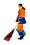 Worker sweeping with besom. Man with brush and rake collects leaves vector illustration isolated on background. Cleaning street,
