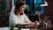 Worker typing on keyboard, writing financial business documents on laptop