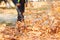 Worker in uniform is cleaning falling leaves on city street in autumn