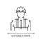 Worker in uniform pixel perfect linear icon. Construction builder in hardhat. Safety helmet. Thin line customizable