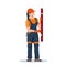 Worker use spirit level. Builder with hand tool. Girl in uniform with building level. Isolated industrial scene