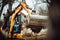 Worker using excavator and bulldozer for landscaping works