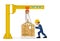 A worker is using the jib crane to handling the heavy wooden container on transparent background