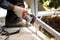 Worker using metal polish machine grinding weld on steel work