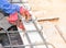 Worker using pliers for Bundle of steel rebar