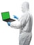 Worker wears medical protective suit or white coverall suit with blank screen laptop isolated