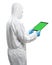 Worker wears medical protective suit or white coverall suit with blank screen tablet isolated