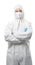 Worker wears medical protective suit or white coverall suit folded arm isolated on white
