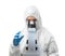 Worker wears medical protective suit or white coverall suit look through microscope isolated on white