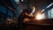 worker welds the metal hull of the ship in the shipyard , Ai generative