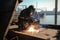 worker welds the metal hull of the ship in the shipyard , Ai generative