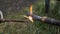 Worker welds pipe gas welding. Closeup. sparks flying around flame. fuel gases and oxygen to weld  metals