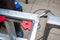 worker welds the steel structure at the construction site