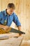 Worker works with handsaw