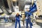 Workers assembling and constructing gas turbines in a modern ind