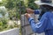 Workers build a wall closeup detail