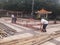 Workers are building a stage frame for the third temple fair on the third day of the third lunar month. In shenzhen xixiang, China