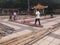 Workers are building a stage frame for the third temple fair on the third day of the third lunar month. In shenzhen xixiang, China