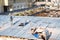 Workers busy with a roof reconstruction in central Moscow