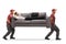 Workers carrying a sofa and a businessman sleeping