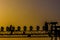 Workers on concert structure in the sunset backlight