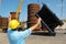 Workers in a construction site for the construction of large metal pipes