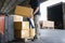 Workers Courier Lifting Packaging Boxes the Loading into Shipping Container. Delivery Service Commerce Supply Chain. Shipment Box