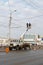 Workers on the crane install and decorate the Astrakhan bridge with led light in Volgograd