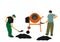 Workers crew with shovel put gravel in concrete mixer vector illustration. Working on construction site. Laborer man with spade.
