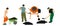 Workers crew with shovel put gravel in concrete mixer vector illustration. Working on construction site. Laborer man with spade.