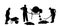 Workers crew with shovel put gravel in concrete mixer vector silhouette. Working on construction site. Laborer man with spade.