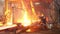 Workers cutting fiery steel blocks