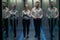 Workers in a data center walking between rows of server racks