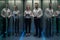 Workers in a data center walking between rows of server racks